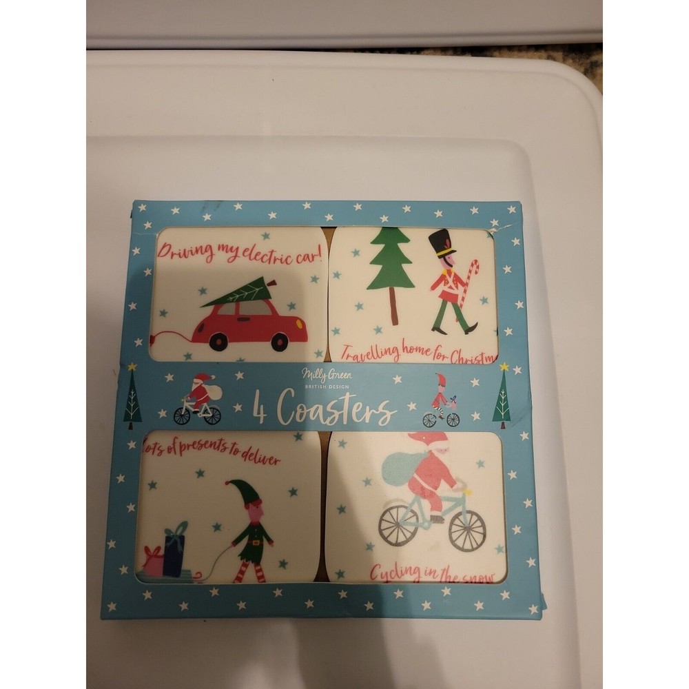 Molly Green Retro Style Melamine Christmas Holiday Coasters, Winter Elves, NIB